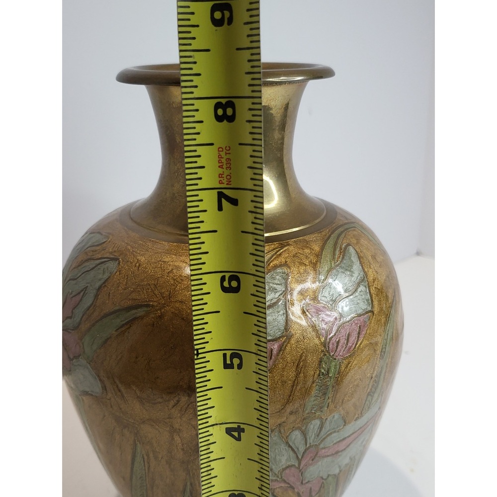 Vintage Brass Floral Vase Hand Painted Enamel Etched Made in India Boho Decor - Picture 9 of 10